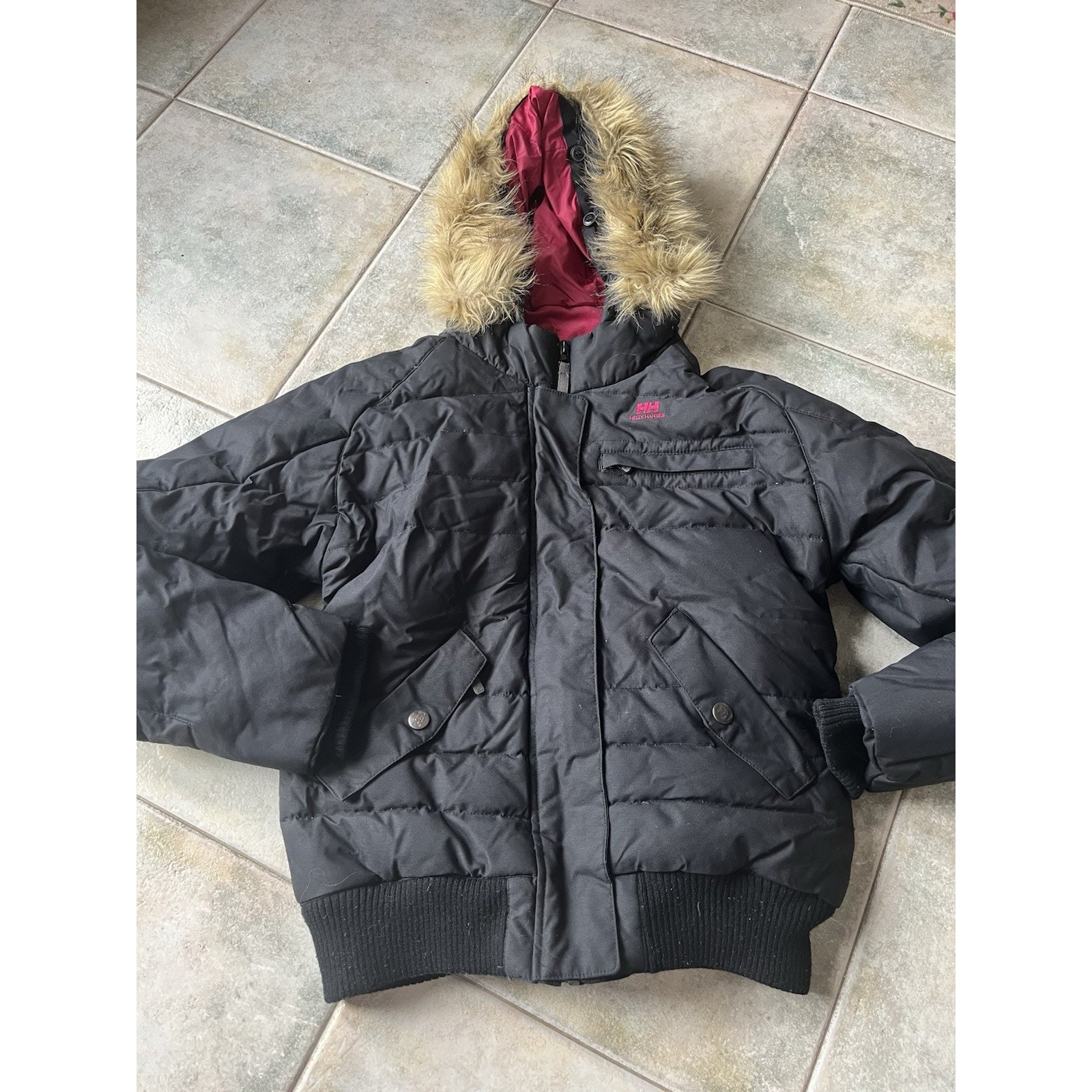 Helly-Hansen Bomber Down Jacket Women's Medium Black Faux Fur Hooded